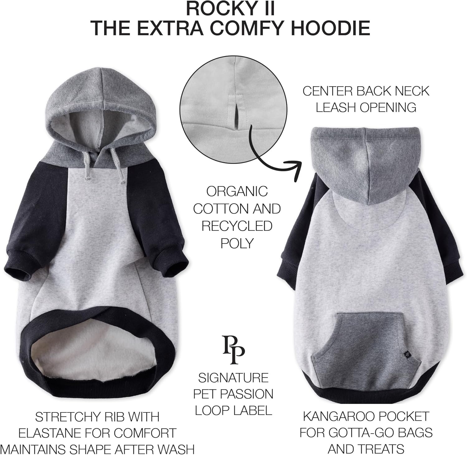 image:imagePet Passion Rocky II The Extra Comfy Hoodie Organic Cotton and Recycled Poly Dog Hoodie Pet Coat Sweater for Small Medium Large Dogs Black Sand Plaid SmallHeather Gray Color Block