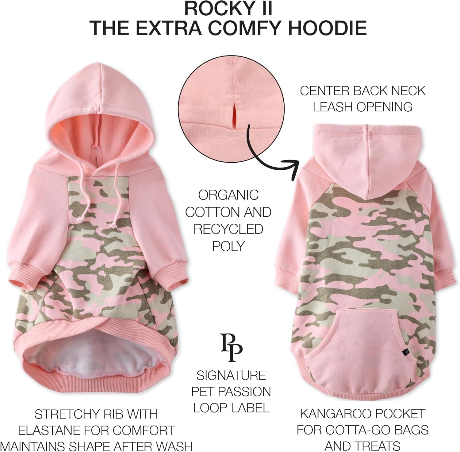 image:imagePet Passion Rocky II The Extra Comfy Hoodie Organic Cotton and Recycled Poly Dog Hoodie Pet Coat Sweater for Small Medium Large Dogs Black Sand Plaid SmallPink Half Camo