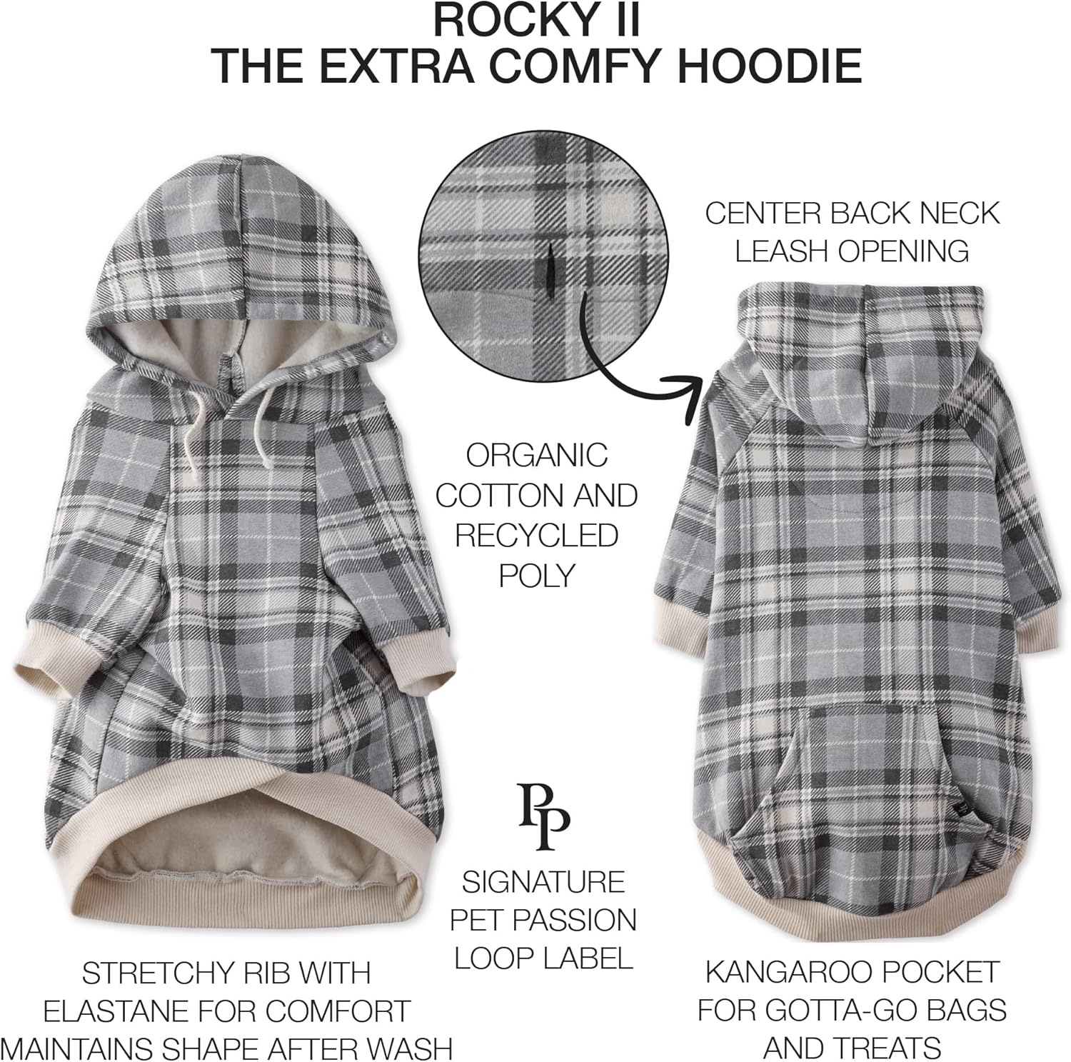 image:imagePet Passion Rocky II The Extra Comfy Hoodie Organic Cotton and Recycled Poly Dog Hoodie Pet Coat Sweater for Small Medium Large Dogs Black Sand Plaid SmallGray Chesterfield Plaid