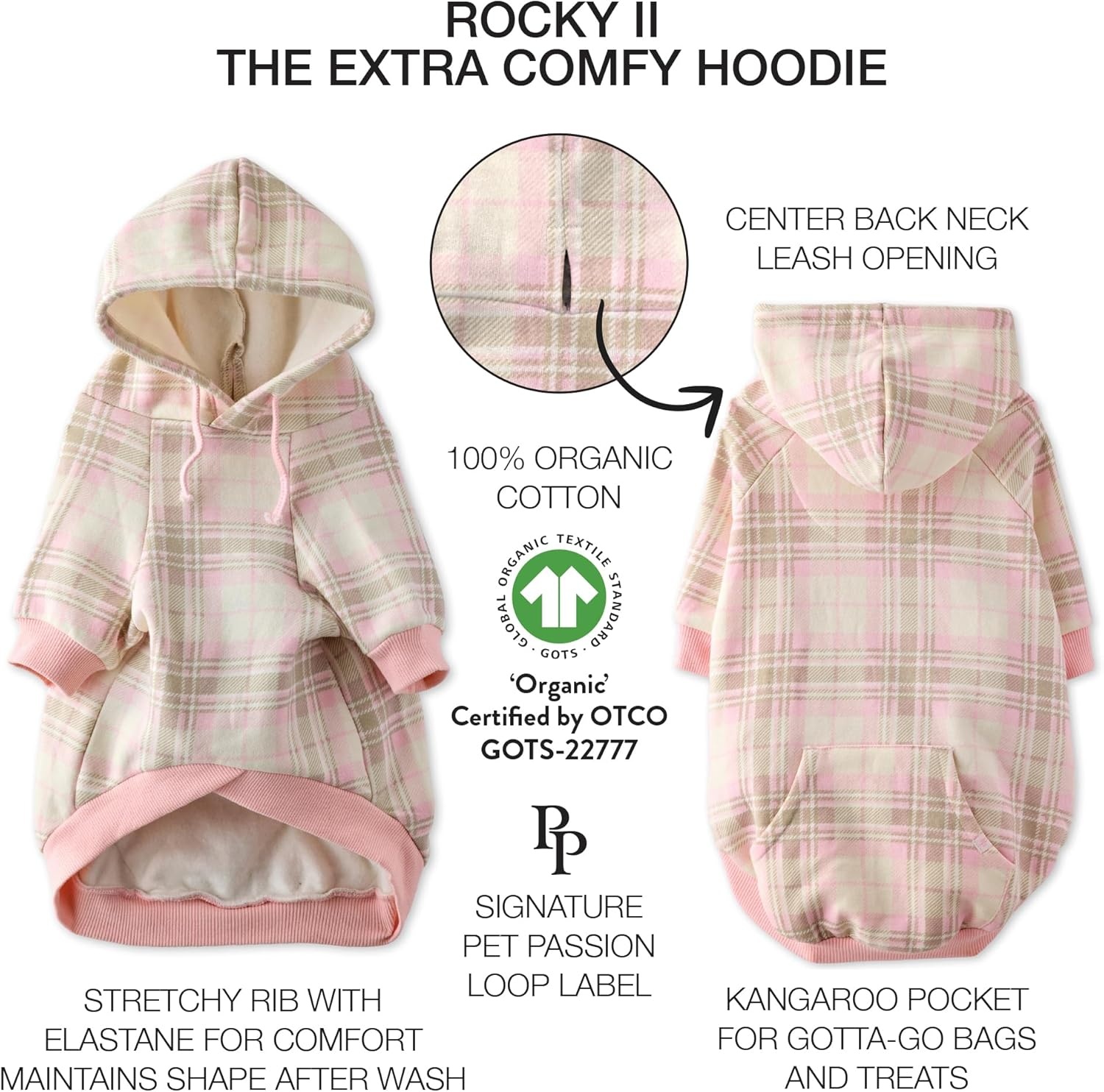 image:imagePet Passion Rocky II The Extra Comfy Hoodie Organic Cotton and Recycled Poly Dog Hoodie Pet Coat Sweater for Small Medium Large Dogs Black Sand Plaid SmallPink Chesterfield Plaid