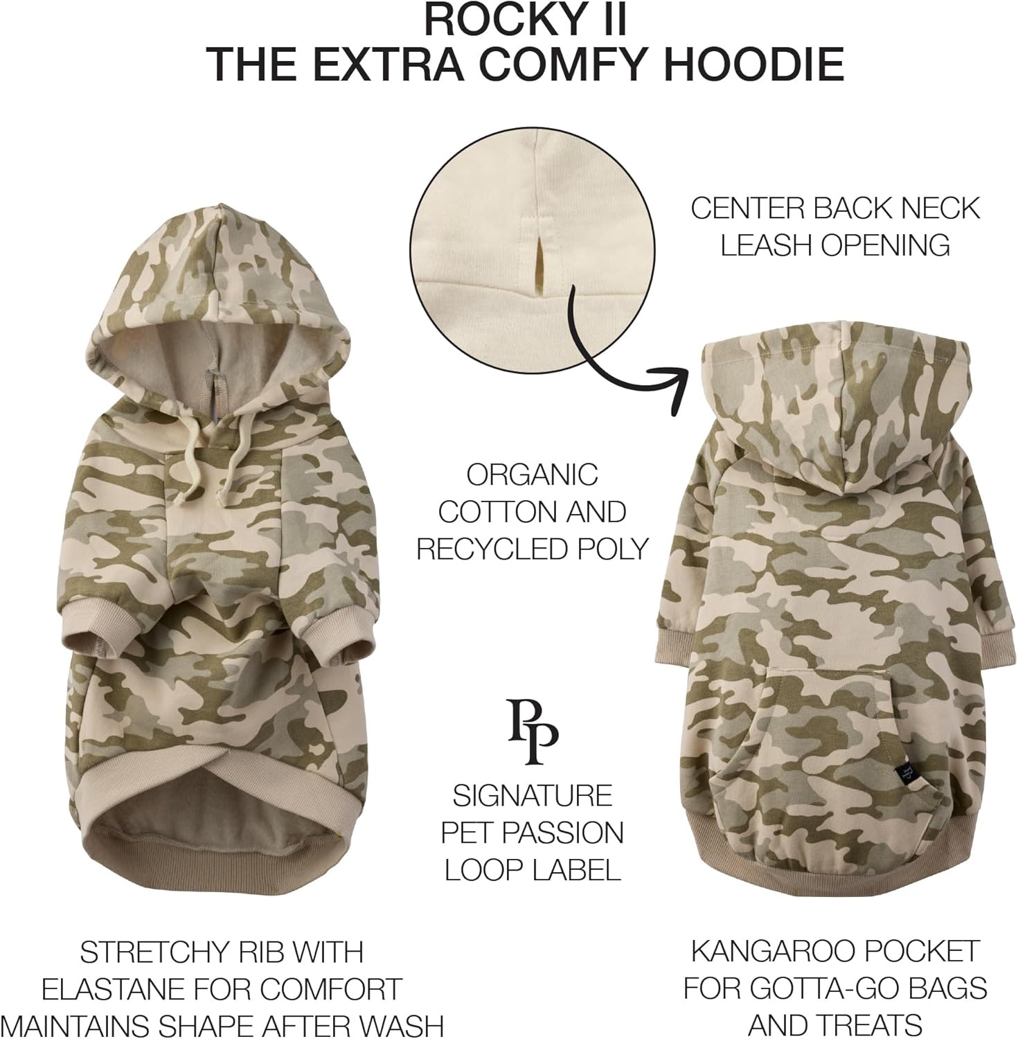 image:imagePet Passion Rocky II The Extra Comfy Hoodie Organic Cotton and Recycled Poly Dog Hoodie Pet Coat Sweater for Small Medium Large Dogs Black Sand Plaid SmallSage Camo