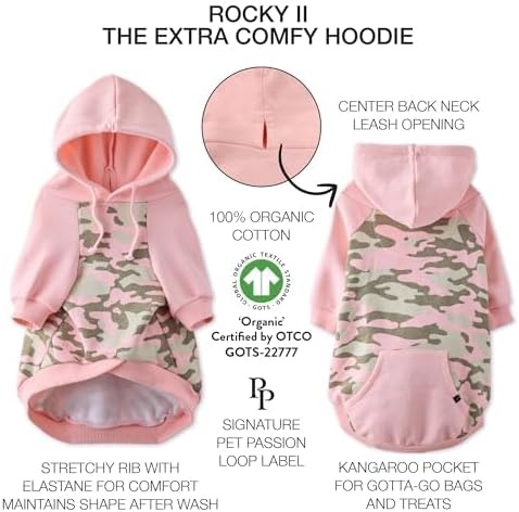 image:imagePet Passion Rocky II The Extra Comfy Hoodie Organic Cotton and Recycled Poly Dog Hoodie Pet Coat Sweater for Small Medium Large Dogs Black Sand Plaid SmallPink Half Camo