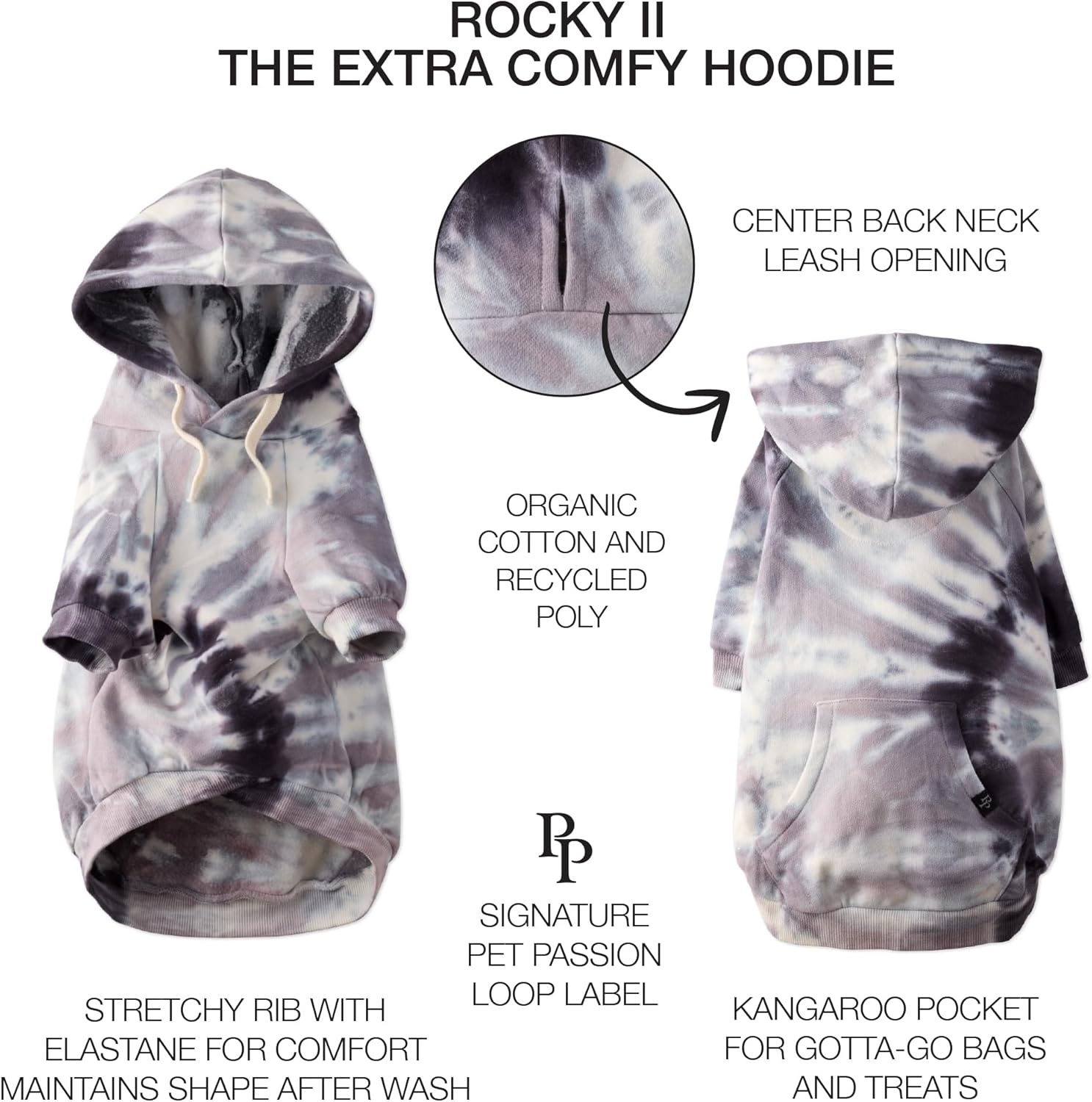 image:imagePet Passion Rocky II The Extra Comfy Hoodie Organic Cotton and Recycled Poly Dog Hoodie Pet Coat Sweater for Small Medium Large Dogs Black Sand Plaid SmallBlack Tie Dye