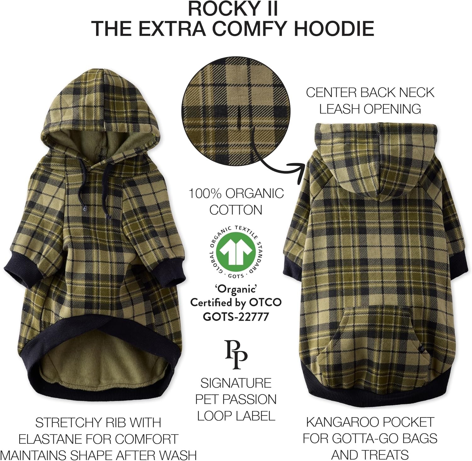 image:imagePet Passion Rocky II The Extra Comfy Hoodie Organic Cotton and Recycled Poly Dog Hoodie Pet Coat Sweater for Small Medium Large Dogs Black Sand Plaid SmallOlive Chesterfield Plaid