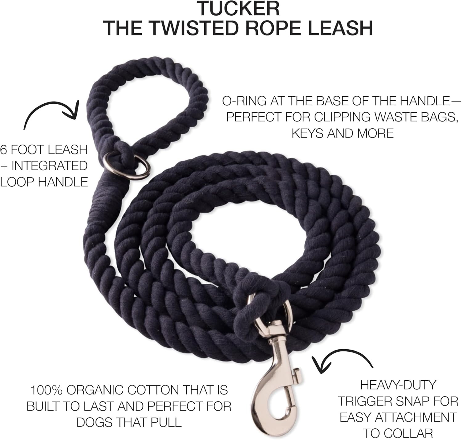image:imagePet Passion Tucker II The Heavy Duty 6 ft Twisted Rope Cotton Durable Leashes Dogs Black One SizeBlack