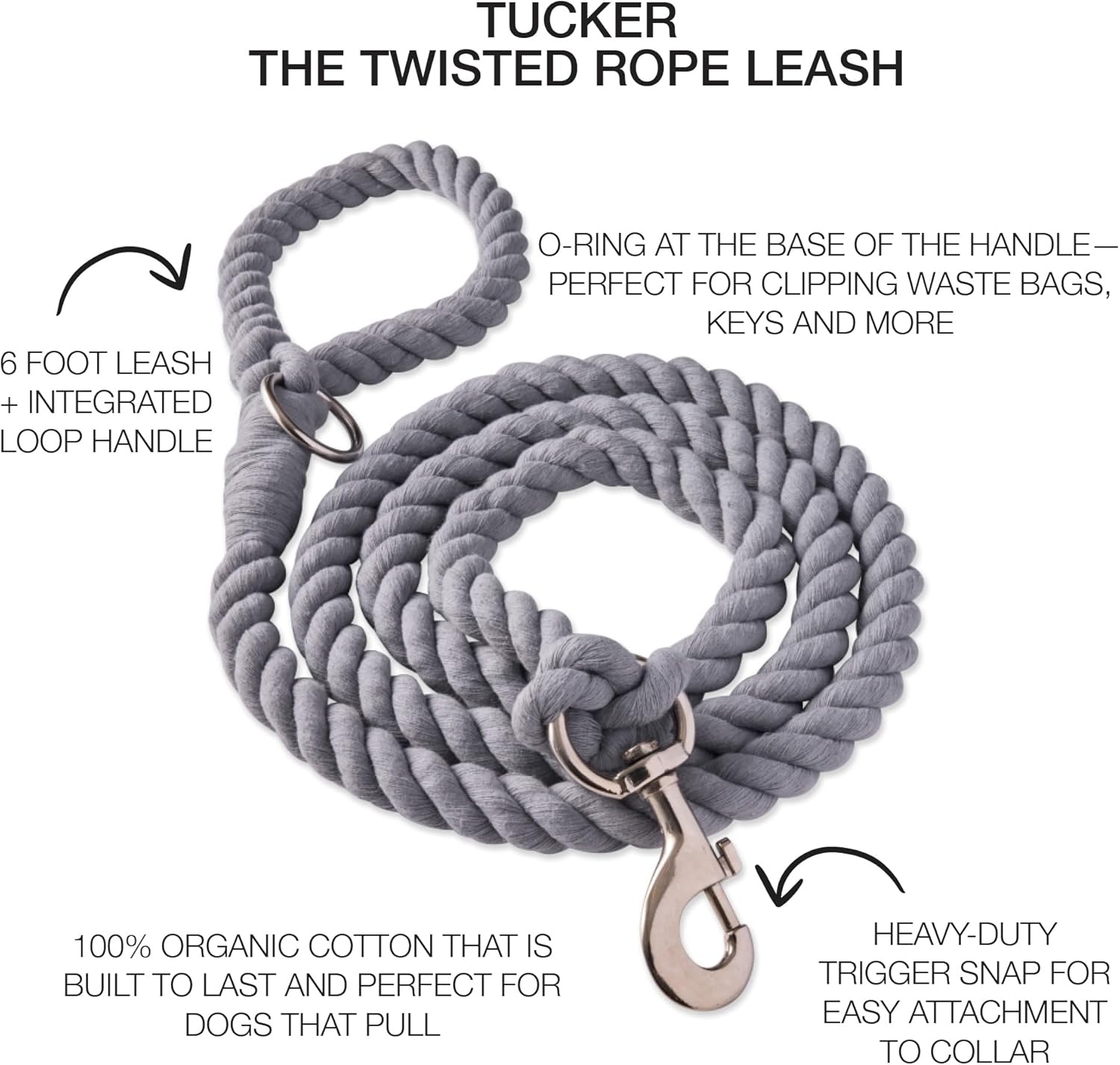 image:imagePet Passion Tucker II The Heavy Duty 6 ft Twisted Rope Cotton Durable Leashes Dogs Black One SizeGray