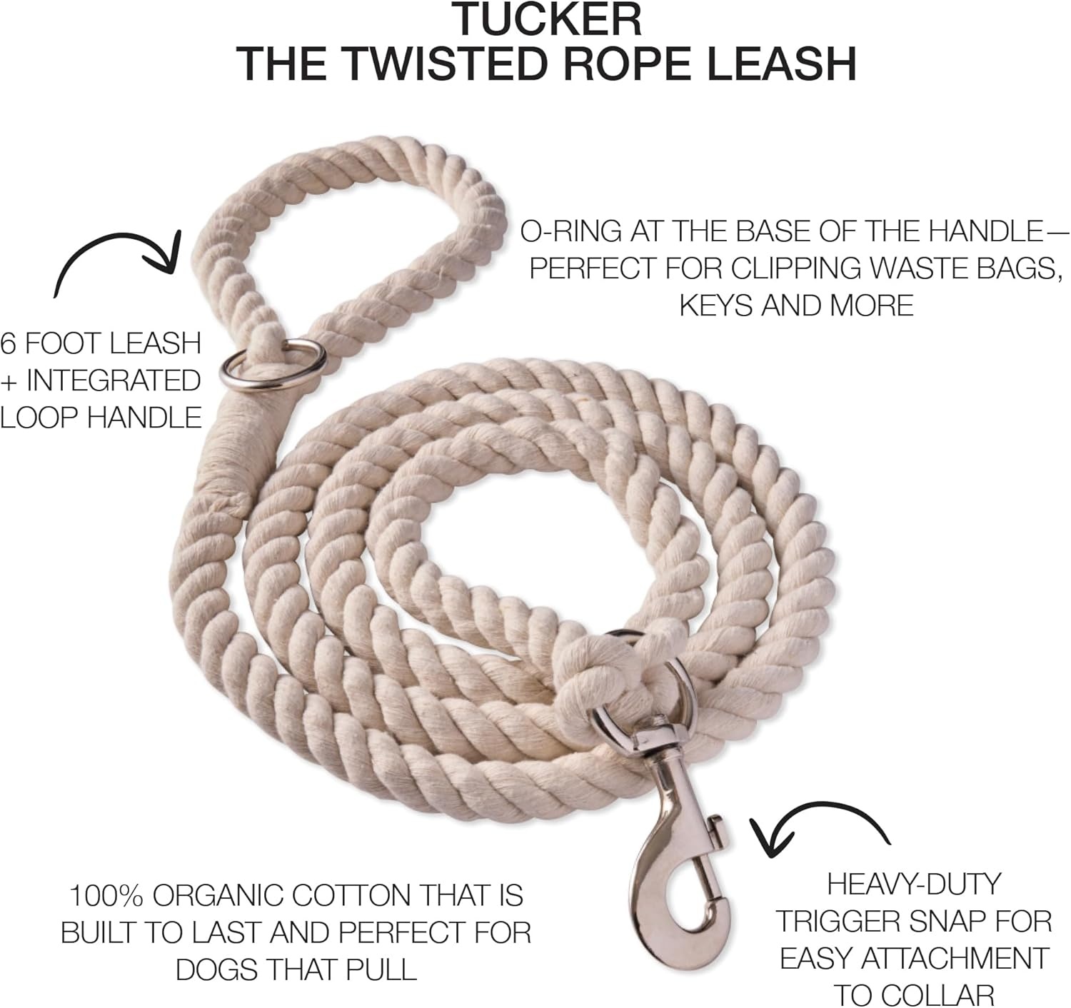 image:imagePet Passion Tucker II The Heavy Duty 6 ft Twisted Rope Cotton Durable Leashes Dogs Black One SizeIvory