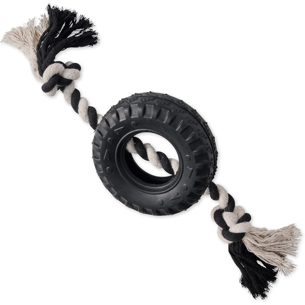 image:imagePet Passion Natural Rubber Tire and Organic Cotton Rope Pull and Chew Dog Toy for All Pet Breeds Black LargeBlack