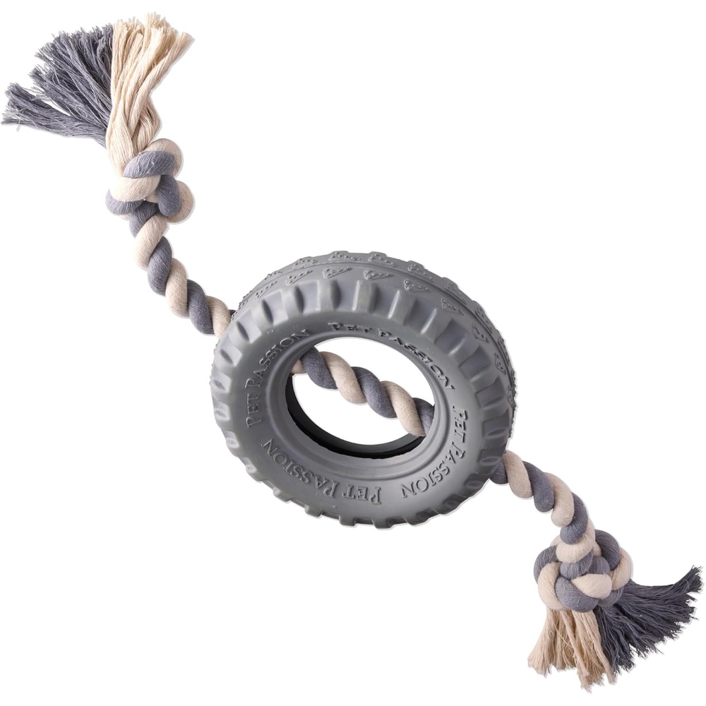image:imagePet Passion Natural Rubber Tire and Organic Cotton Rope Pull and Chew Dog Toy for All Pet Breeds Black LargeGray