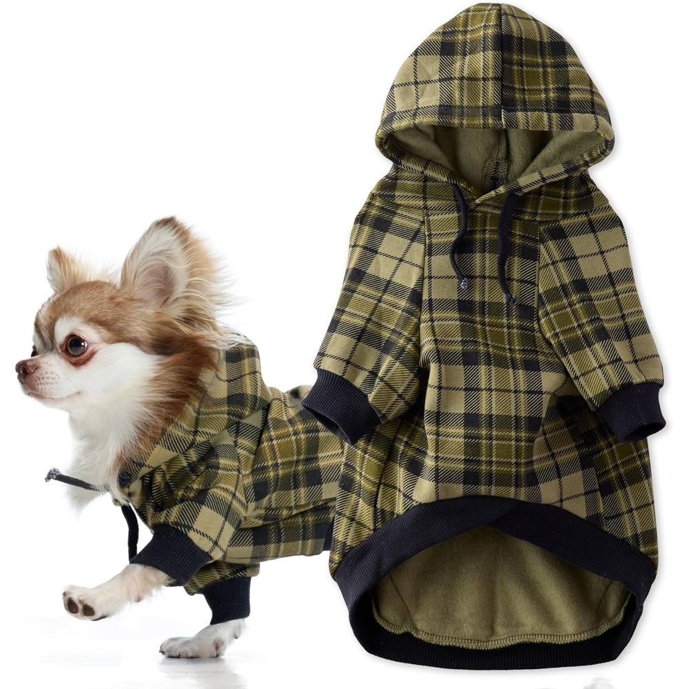 image:imagePet Passion Rocky II The Extra Comfy Hoodie Organic Cotton and Recycled Poly Dog Hoodie Pet Coat Sweater for Small Medium Large Dogs Black Sand Plaid SmallOlive Chesterfield Plaid