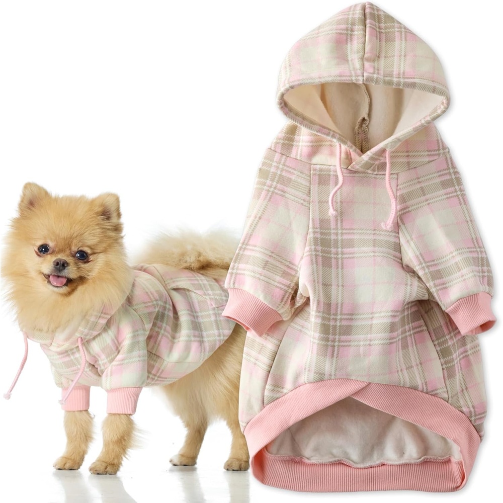 image:imagePet Passion Rocky II The Extra Comfy Hoodie Organic Cotton and Recycled Poly Dog Hoodie Pet Coat Sweater for Small Medium Large Dogs Black Sand Plaid SmallPink Chesterfield Plaid