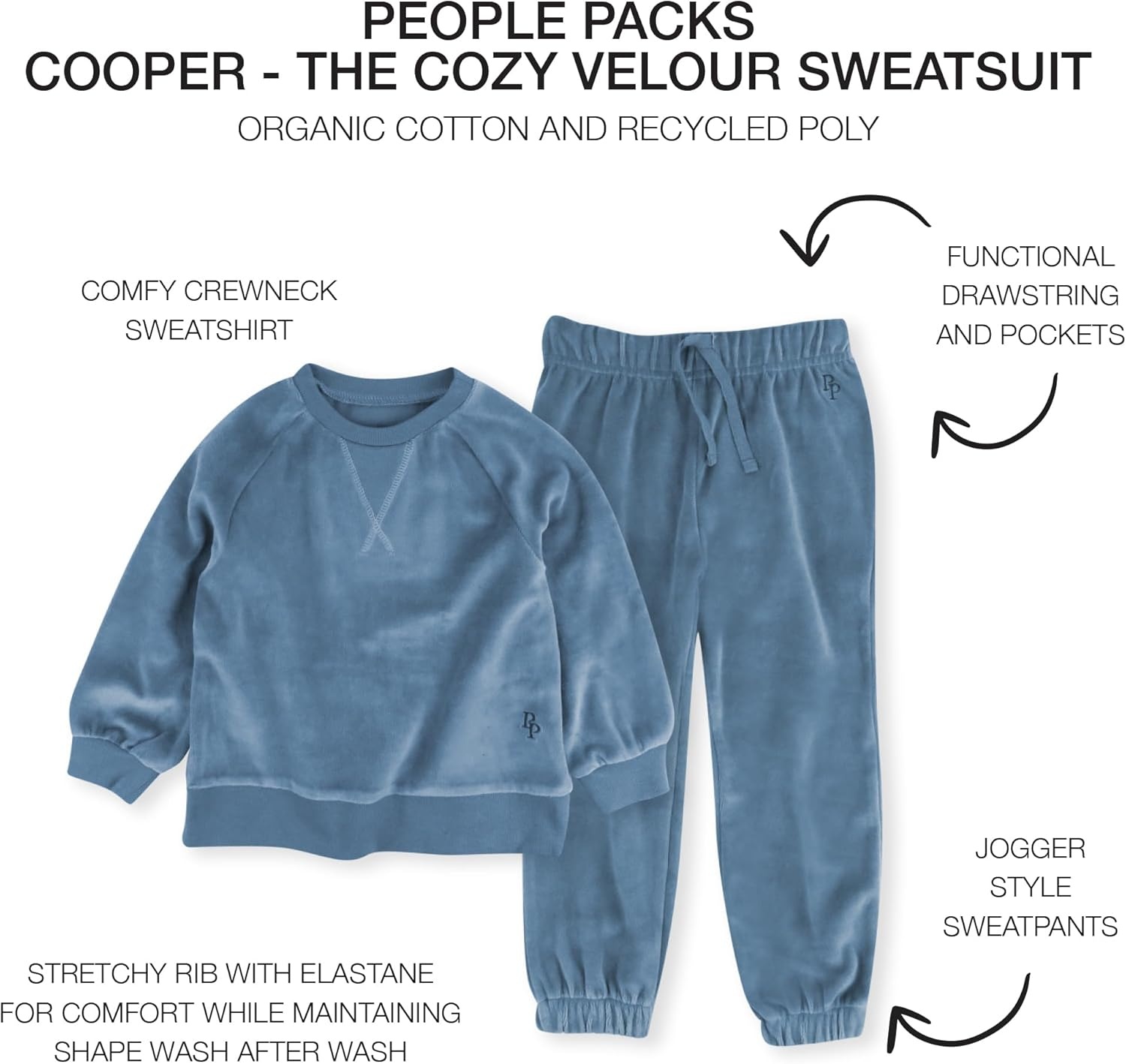 image:imagepet Passion Cooper II People Packs The Plush Organic Cotton Velour Sweatsuit 2Piece Top Pants Set Baby and ToddlerFaded Denim