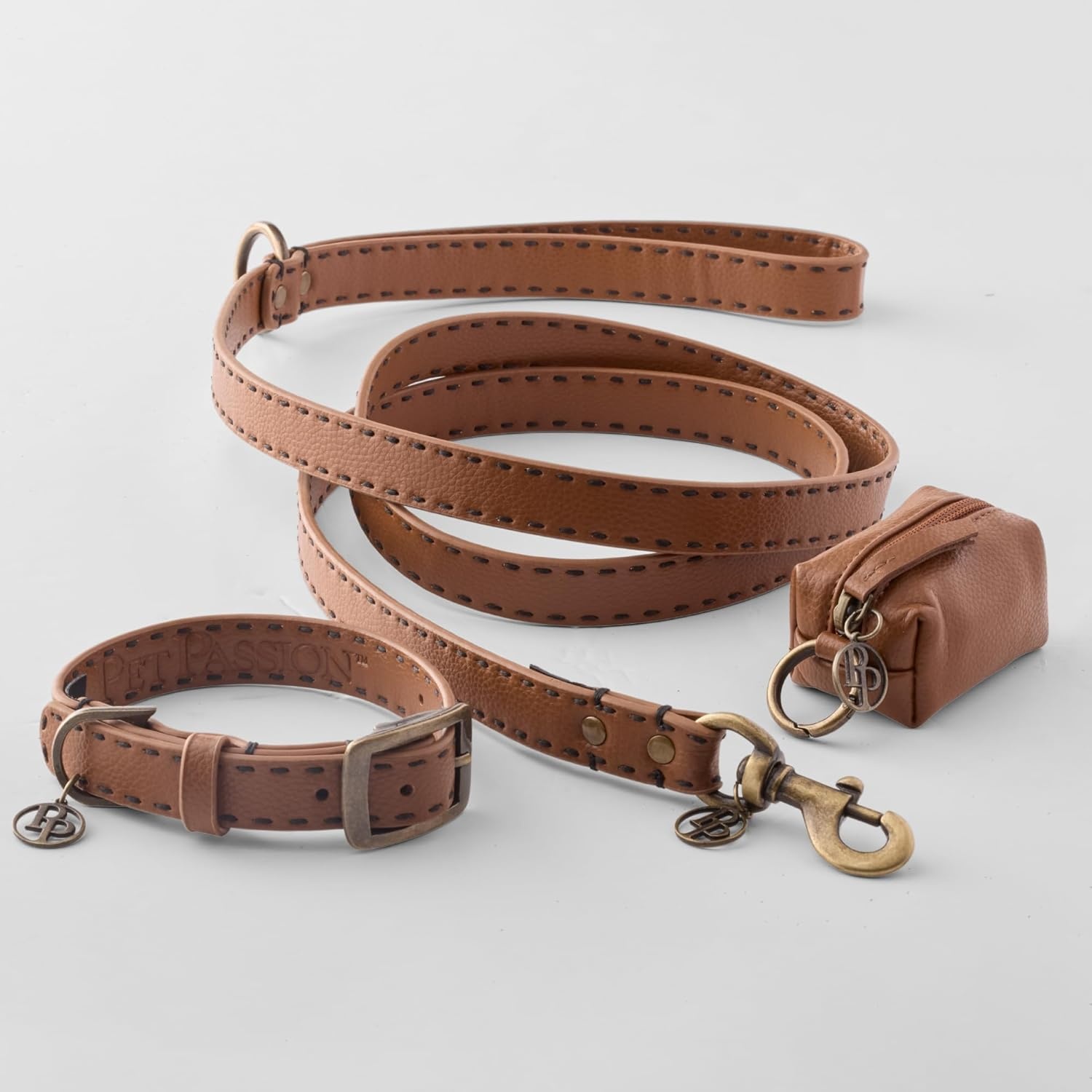 image:imagePet Passion Rein Saddle Stitch Dog Leash Recycled Vegan Leather with Custom Jewelry Hardware Dappled CashmereChestnut Hunter