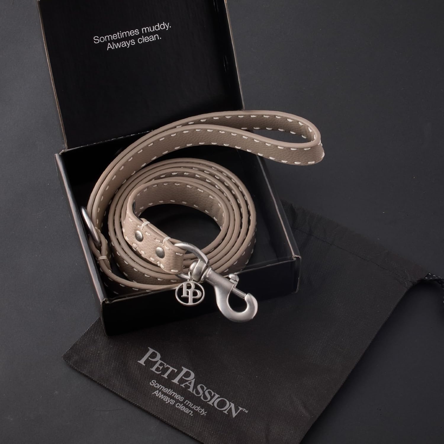 image:imagePet Passion Rein Saddle Stitch Dog Leash Recycled Vegan Leather with Custom Jewelry Hardware Dappled CashmereDappled Cashmere