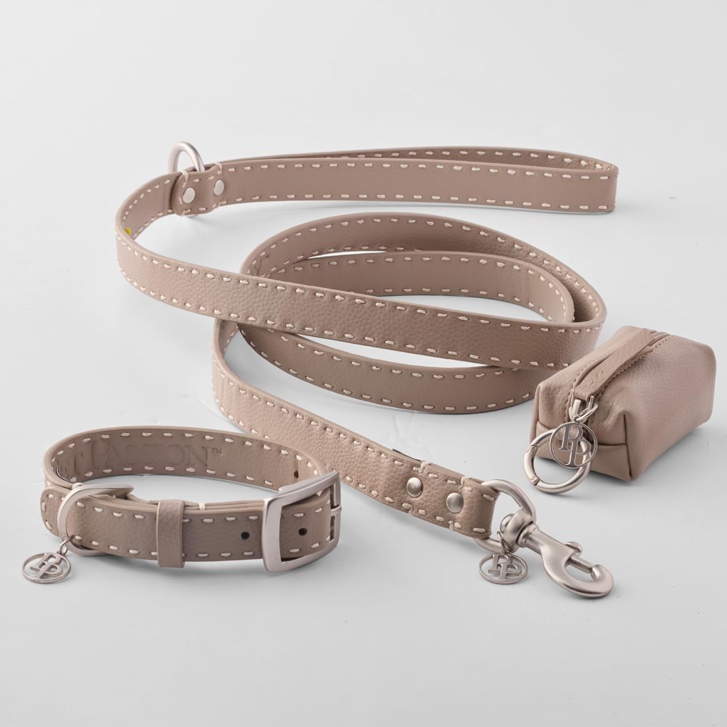 image:imagePet Passion Rein Saddle Stitch Dog Leash Recycled Vegan Leather with Custom Jewelry Hardware Dappled CashmereDappled Cashmere