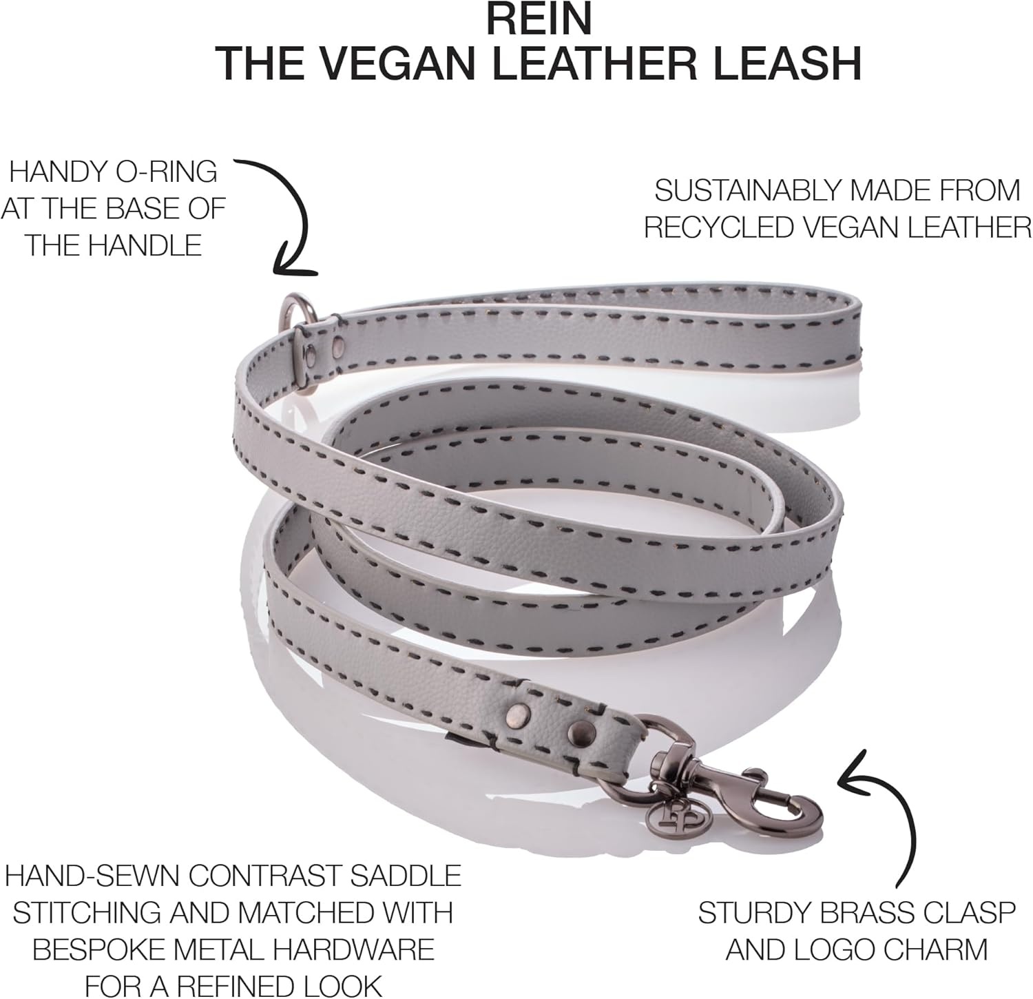 image:imagePet Passion Rein Saddle Stitch Dog Leash Recycled Vegan Leather with Custom Jewelry Hardware Dappled CashmereGray