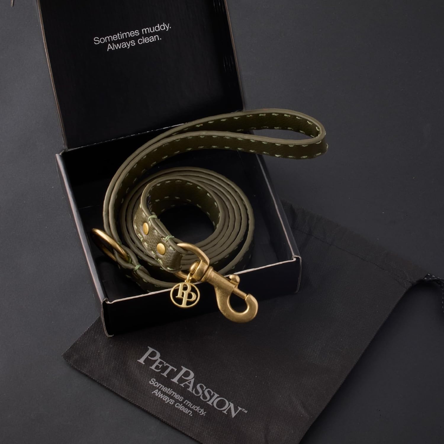 image:imagePet Passion Rein Saddle Stitch Dog Leash Recycled Vegan Leather with Custom Jewelry Hardware Dappled CashmereScottish Olive
