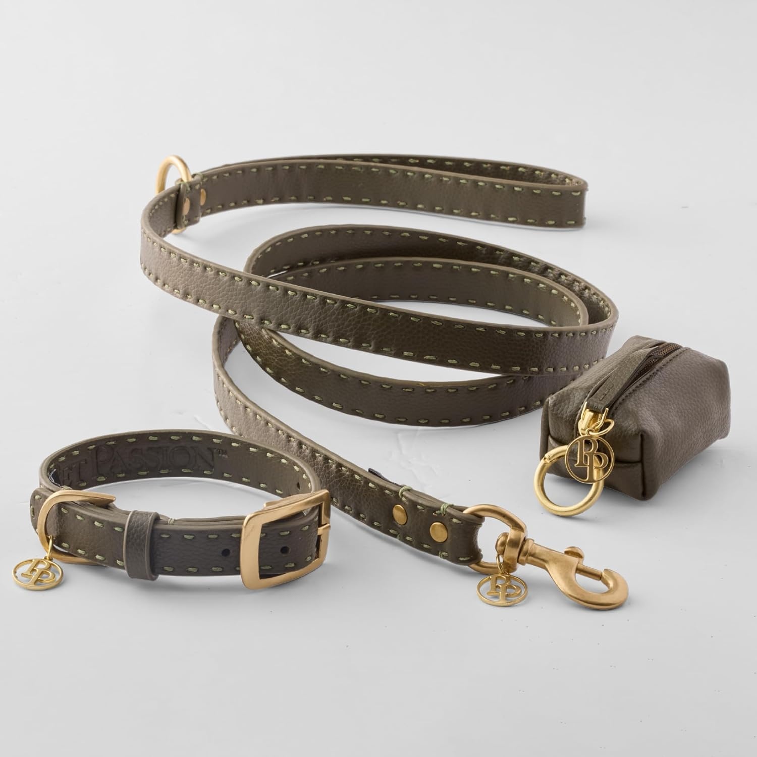 image:imagePet Passion Rein Saddle Stitch Dog Leash Recycled Vegan Leather with Custom Jewelry Hardware Dappled CashmereScottish Olive