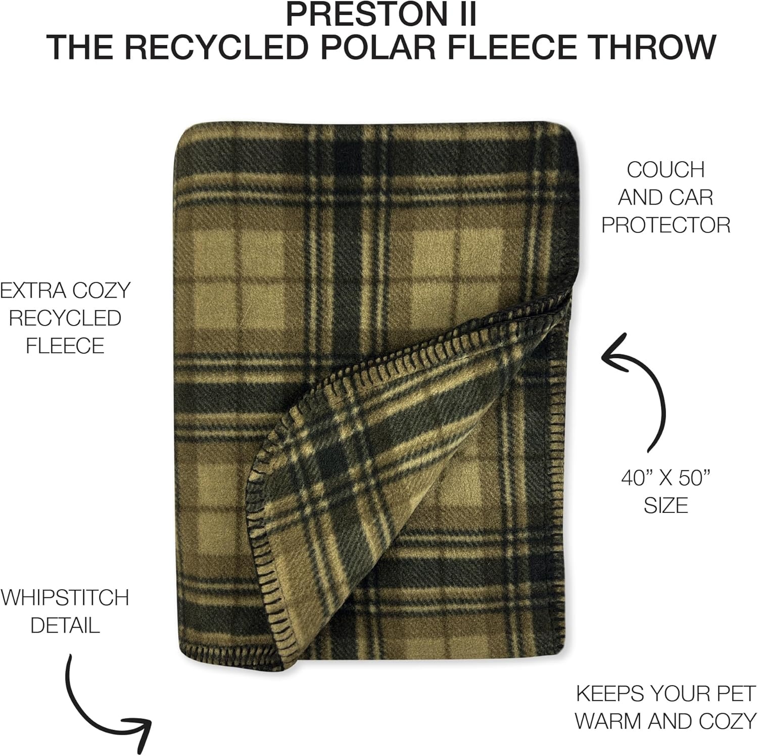 image:imagePreston II THE Polar Fleece Throw SuperSoft Recycled Polar Fleece Dog Blanket Couch Coat Sofa and Car Protecter for Small Medium Large Dogs 40x 50 Olive Chesterfield Plaid One SizeOlive Chesterfield Plaid