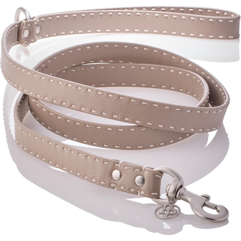 image:imagePet Passion Rein Saddle Stitch Dog Leash Recycled Vegan Leather with Custom Jewelry Hardware Dappled CashmereDappled Cashmere