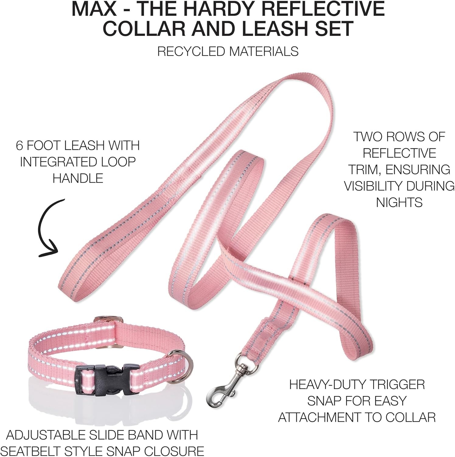 image:imagePet Passion 2Pack MAX The Hardy Reflective Dog Collar amp 6ft Leash for All Pet Breeds Black XSmallPink