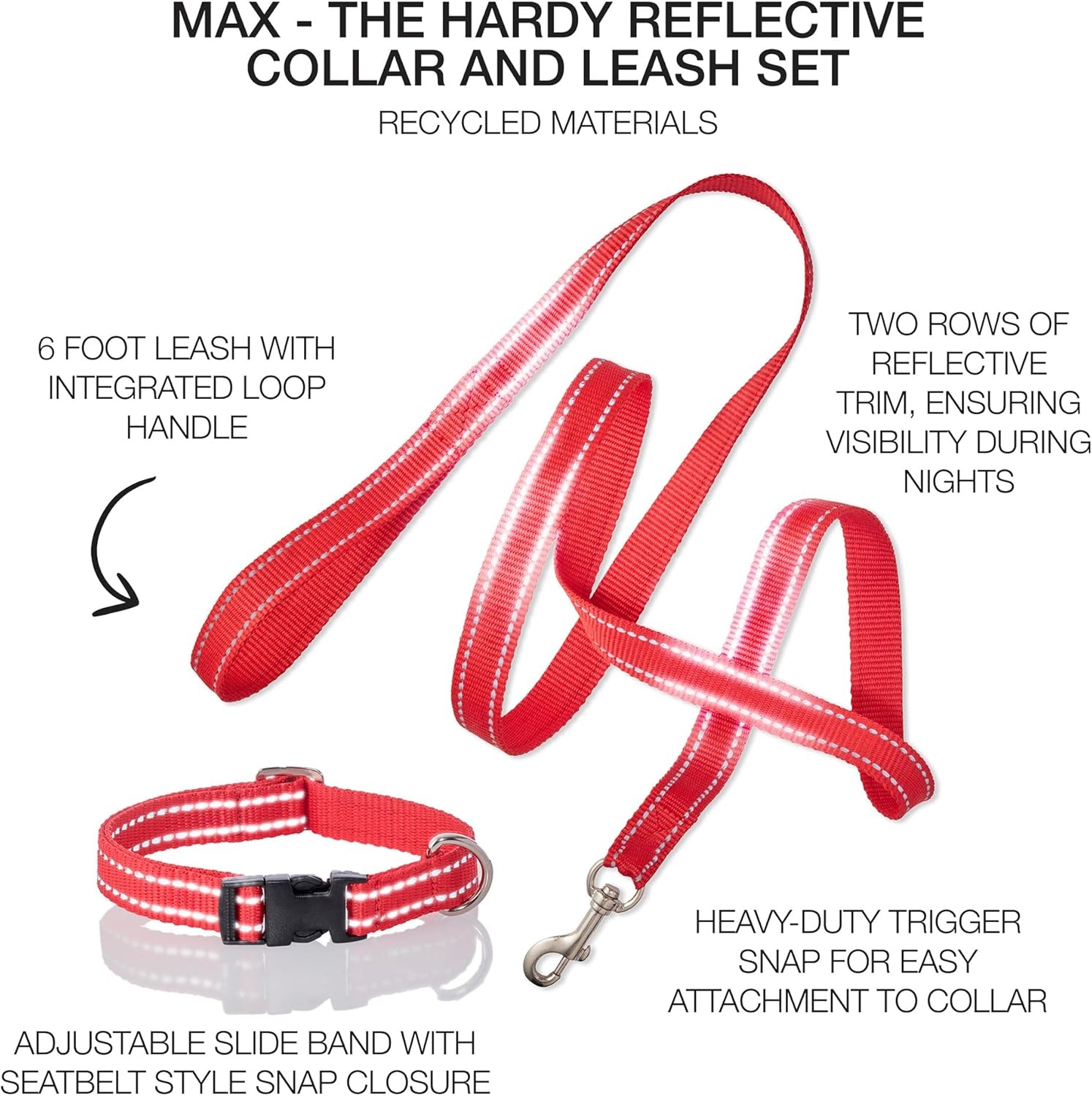 image:imagePet Passion 2Pack MAX The Hardy Reflective Dog Collar amp 6ft Leash for All Pet Breeds Black XSmallRed