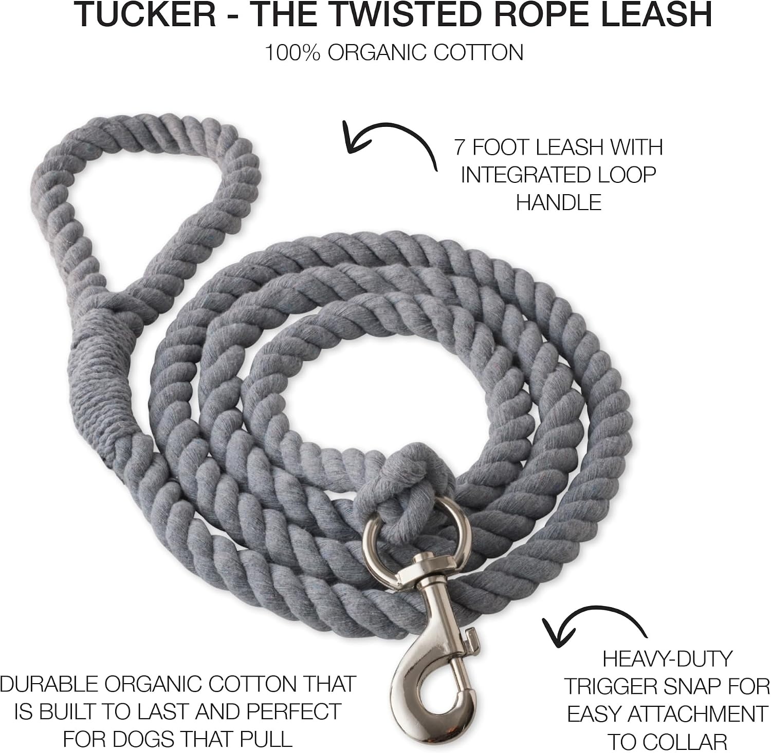 image:imagePet Passion Organic Cotton Dog Leash with Durable Twisted Rope 6 ft for All Pet Breeds Gray Heather One SizeGray Heather